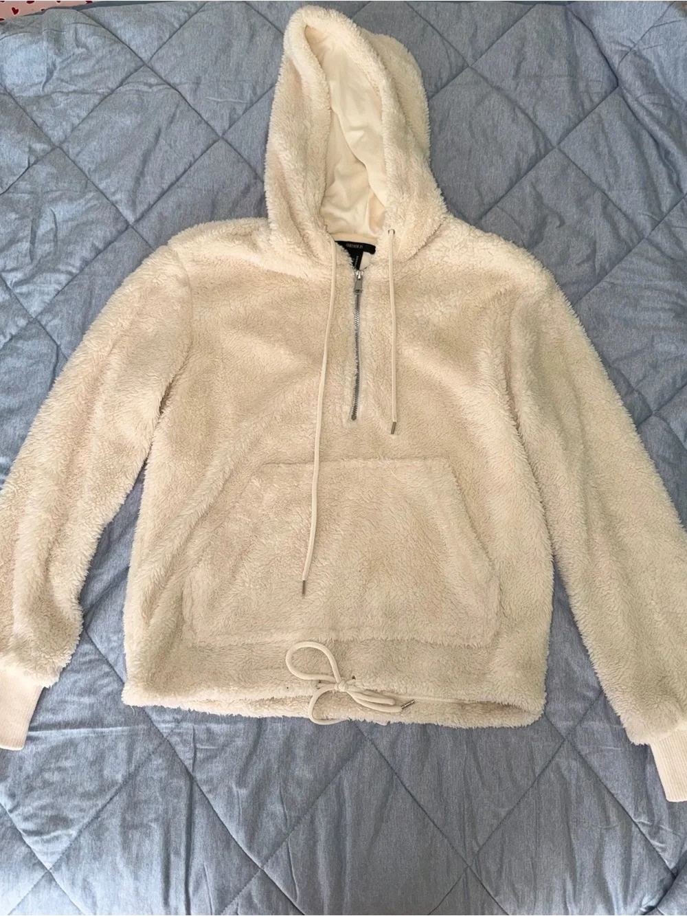 Forever 21 Ivory Plush Teddy Hoodie with Half-Zip